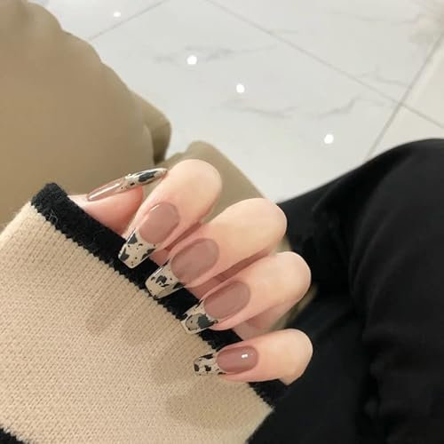 VEBONNY VEBONNY FN-LT036 Faux ongles en forme de cercueil carré en forme de cercueil clair en forme de coquille d'œuf tendance en acrylique rose marron clair pour filles et femmes
