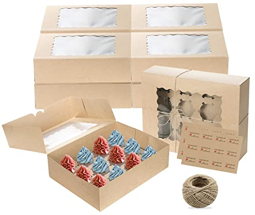TsunNee 10PCS Pop Up Kraft Cupcake Boxes 12 Hole with Window, Reusable Cardboard Cake Boxes for Cupcake Muffin Treat, Disposable Paper Bakery Boxes Gift Boxes for Home Baker Wedding Birthday Christmas