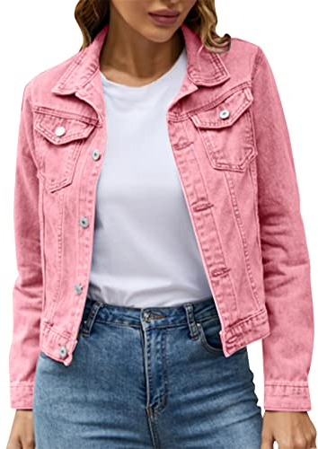 Veste Basique Pour Femme En Coton Denim - Couleur Unie - Avec Poches - Longue - Coupe-Vent - Élégant Blazer d'Affaires, Rose, XL