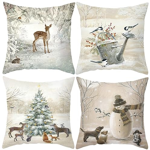 Tier-Kissenbezug, Weihnachten, 45,7 x 45,7 cm, Haustier, Schneemann, Vase, Hirsch, Hund, Kaninchen, Vogel, Weihnachtsbaum, Kissenbezug, Set mit 4 quadratischen Winter-Schneefeld-Kissenbezügen, ideal