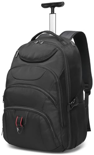 Boavan Rolling Backpack,17 inch Water Resistant Wheeled Backpack,Carry on Luggage Business Bag, Overnight College Computer Trolley Suitcase for Men Women Adults to Travel，Black