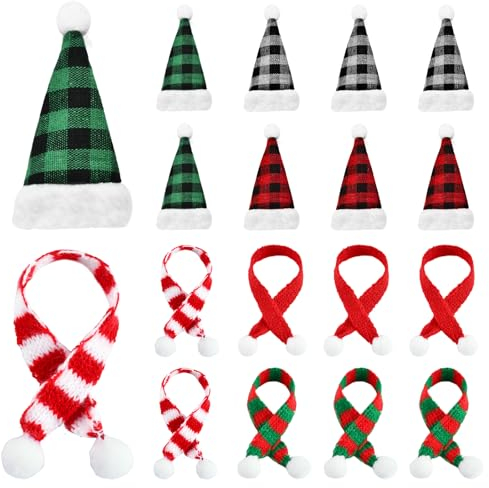 EKKONG Mini Weihnachtsmütze und Schal, Klein Weihnachtsmütze und Weihnachtsschal Mini Kunsthandwerk Set- 9 Stück Kleine Mützen, 9 Stück Mini Schal für Weihnachten Heimdekoration