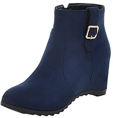 Stivali con Cerniera Laterale con Zeppa Interna con Fibbia per Cintura in Pelle Scamosciata Tinta Unita alla da Donna Stivale Morbido (Blue, 37)