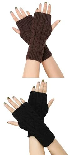 Fingerlose Handschuhe für Damen Gestrickte Halb Fingerhandschuhe Kurzer Strickhandschuhe Fäustlinge Handwärmer Handgelenkwärmer Armstulpen Handstulpen Pulswärmer (2Paar-Schwarz+Kaffee)
