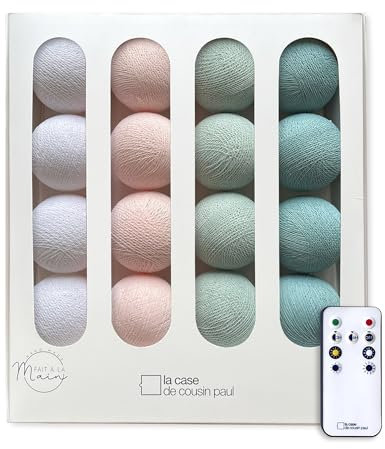 La Case de Cousin Paul Guirlande Lumineuse Chambre Enfant Boules Tissées LED, Télécommande, Programmable, USB, Fabriquée à la Main, Artisanale - 16 Boules (Nymphéas)