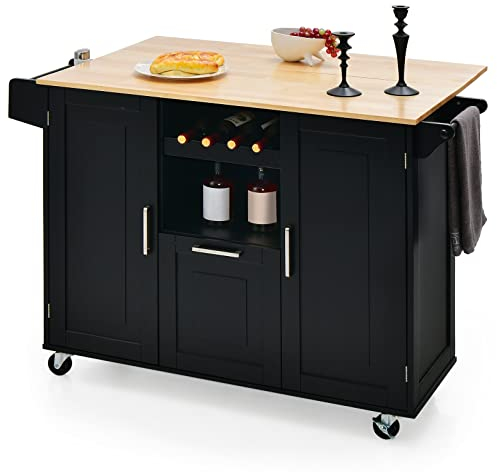 KOMFOTTEU Mobile Kücheninsel mit Arbeitsplatte, Küchenwagen mit Schublade, Flaschenhalter und 2 Türschränken, Servierwagen auf Rollen, Kücheninselwagen Holz 130x45x90 cm (schwarz)