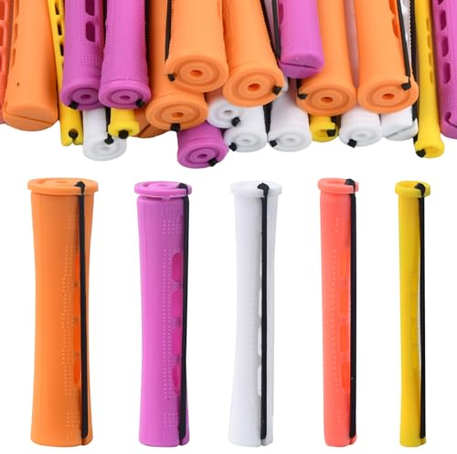 Anseom Haarwelle Stangen 50 Stück Rutschfest Kunststoff Kaltwellenstangen für Damen Männer und Kinder, Haar Dauerwelle Stangen mit Elastisch Gummiband für Langes Mittellanges Haar Friseur Werkzeug