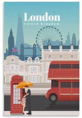 Jdheeh Vintage-Poster auf Leinwand, Motiv: London, Großbritannien, Wanddekoration, 20 x 30 cm