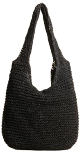 Mujeres Bolso Grande de paja Ratán playa Bolso de mano de paja Verano 2024 Tejido a Mano grande y suave tejido a mano para viajes, vacaciones y compras (Colorear : Negro)