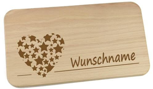 Personalisiertes Frühstücksbrettchen aus Holz mit Motiv und Name graviert Motiv Herz aus Sternen