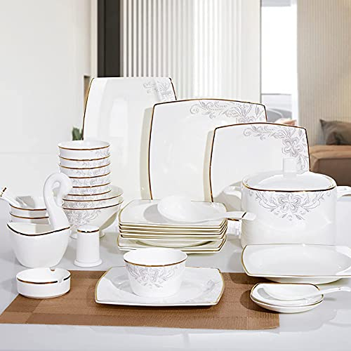 Vajilla Cuadrada de 50 Piezas para 10 Personas, Cocina de Porcelana, Vajilla de Comedor de Porcelana Blanca, Juego Combinado con Tazones de Cereales, Platos de Postre, Platos y OL