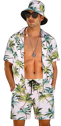 Wpamlrta Ensemble hawaïen à fleurs pour homme avec chemise à manches courtes et short avec chapeau cloche, Pat_ Rose (avec chapeau), M