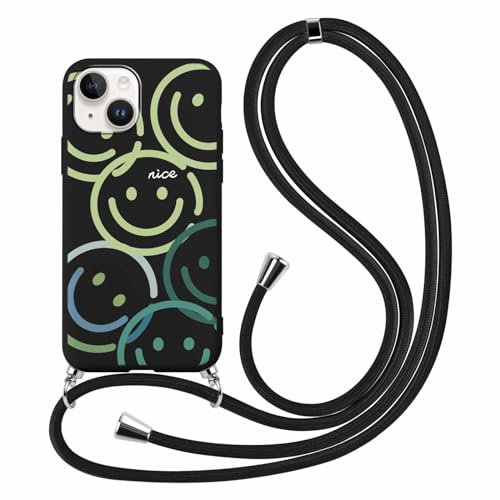 Xylota Handykette Handyhülle für iPhone 14/iPhone 13 6,1 Hülle mit Band, Niedliches Muster Smiley Case mit Kordel zum Umhängen, Weich TPU Dünn Silikon Stoßfest Schutzhülle Cover für iPhone 13,Schwarz