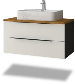 Stil.Zeit Badmöbel Thor inkl. Aufsatz Waschbecken, Waschtisch mit Unterschrank, 96cm, Korpus: Anthrazit, Front: Alpinweiss, Ablage: Eiche, Metallgriffe, hängend/Wandmontage