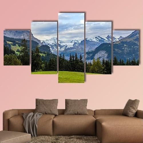 FatAco 5 Stück Blick auf die Schweizer Alpen von Wengen Bilder Gemälde Modern Home Decor Leinwand Poster Wohnzimmer Modular (Rahmenlos)