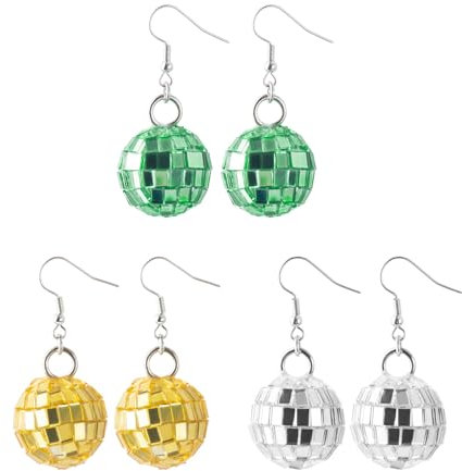 GWAWG Disco-Kugel Ohrringe, 3 Paar Mirror Ball Ohrringe für Disco Bar Party, Retro Mode Accessoires