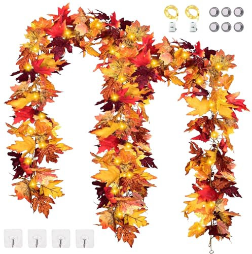 Ghirlanda di Foglie D’acero Artificiali,2 Pezzi Ghirlanda Autunnale,Ghirlanda di Foglie Autunnali,Pianta di Foglie D'acero Simulate,Addobbi Autunnali,per Interni o Esterni,Matrimoni,Feste,Camini