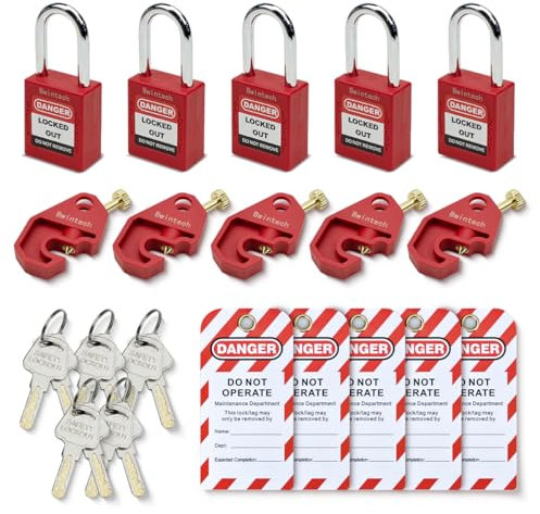 Bwintech 5 Piece 38MM Different Red Safety Padlock Set with Key with Circuit Breaker Safety Lock Padlock Loto Tag Safety Padlock Meets The Requirements of The Industrial Electrical Lockout Tagout Kit