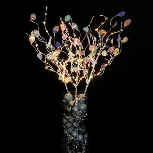Festive Lights - 3 Pack 70cm Iridescent Christmas Stem Branch Twig Lights - Battery Operated 35 LED Warm White Indoor Jewelled Xmas Table Decoration with 6 Hour Timer