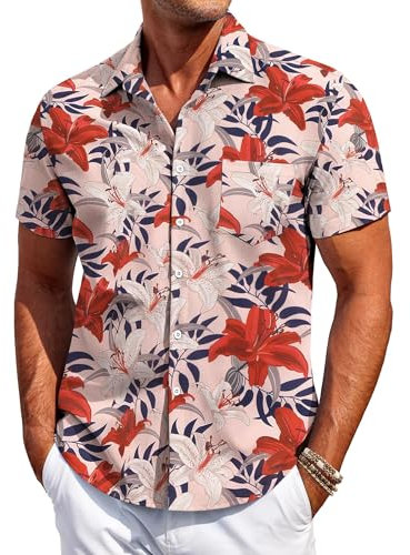 COOFANDY Mens Hawaiian Shirt Short Sleeve Casual Button Down Shirt Flower Printed Beach Tops Summer Holiday Shirt Regular Fit with Pocket Flower-Lily XXL