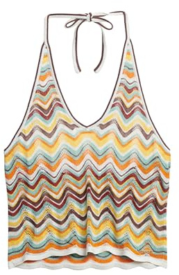 Superdry Damen Stricktop mit Nackenträger, tiefem Dekolleté und Zickzackmuster Mint Zickzack-Streifen 44
