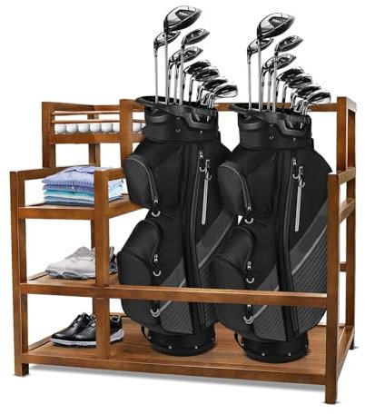 Golf Storage Rack Wooden Golf Storage Garage Organizer For Garage Golf Bag Stand For 2 Golf Bags Equipment Accessories Golf Ball Display