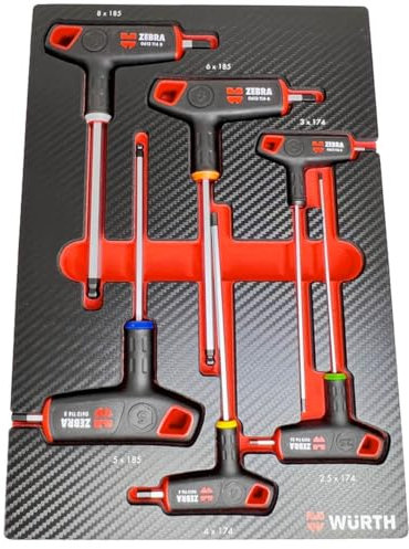 Würth Zebra System 0965905320 Lot de 6 tournevis avec poignée transversale à six pans creux avec insert en mousse 4.4.1 aspect carbone et poignée en T