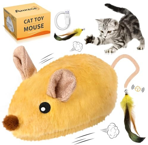 Pipihome Katzenspielzeug Elektrisch Spielmaus, Magic Maus Katze, Interaktives Katzenspielzeug Maus mit Federschwanz USB Wiederaufladbares Interaktive Spielzeug für Katzenauslauf und Gegen Langeweile