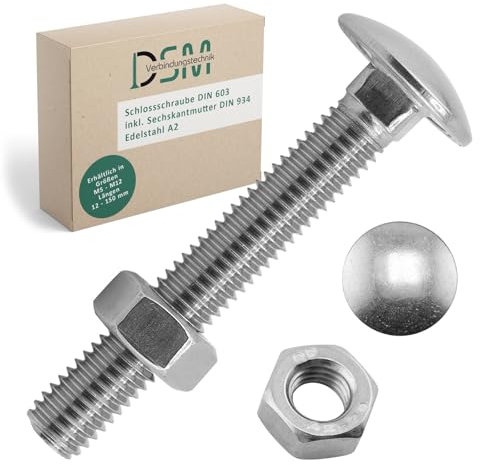 DSM – Tornillos M8 x 45 mm según DIN 603 – Incluye tuerca hexagonal M8 DIN 934 – Acero inoxidable A2/V2A – Tornillos de cabeza redonda plana con cuello cuadrado – Rosca completa – Tornillos de puerta