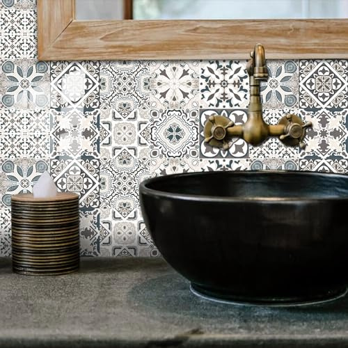 Küchenfliesen Selbstklebend Bohemian Beige Braun Mosaikfliesen PVC Fliesensticker Wasserfest Klebefliesen Küche Klebefliesen Bad Fliesenfolie Wanddekoration Fliesenaufkleber 10x10cm/10 Stück