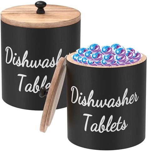 2 Stück Waschmittel Aufbewahrung,Waschmittelbehälter Holz,Waschmittel Pods Aufbewahrung mit Deckel,Grosse Kapazität Waschmittelbox für Waschpods,Badebomben,DuftverstäRker,TrocknerbläTter(schwarz,2pcs)