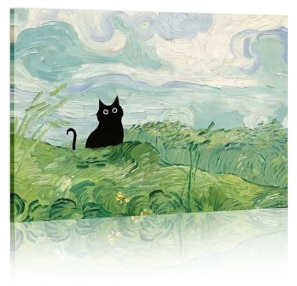 kollyseek Gerahmte lustige Katze auf der Wiese 30x40 Wandkunst-Posterdrucke Vintage Niedliche Kunst Katze Dekorative Leinwandmalerei Geeignet für Wohnzimmer, Schlafzimmer, ästhetische Raumdekoration