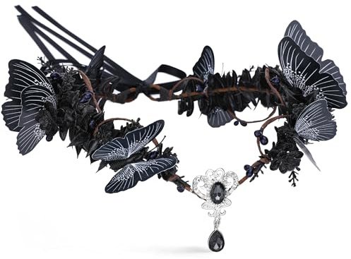 MOSTORY Gothic Elfen Kopfschmuck Feen Krone für Schmetterling Kostüm Damen, Schwarze Hexe Haarschmuck für Renaissance Cosplay Karneval