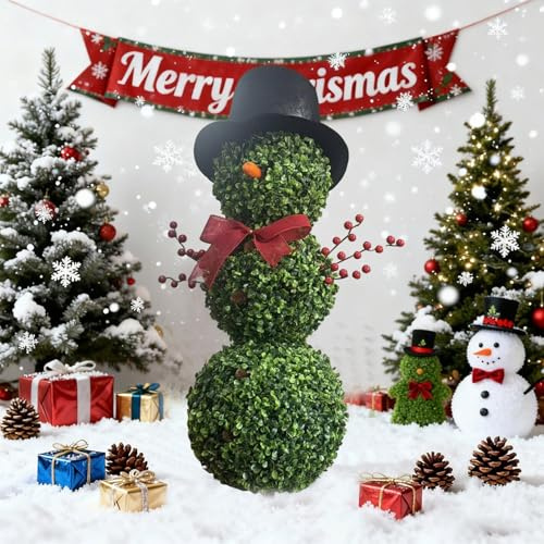 Weihnachts Schneemann Gartenstecker 80cm, Kunstlicher Buchsbaum-Formschnitt mit Roter Schleife - Outdoor Weihnachtsdekoration für Garten, Terrasse & Vorgarten