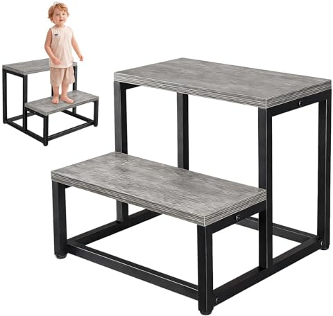 Marchepied de chevet en bois pour adultes et enfants - Robuste - 2 marches - Avec cadre en fer - Pour lit haut, cuisine, salle de bain - Peut supporter jusqu'à 226,8 kg