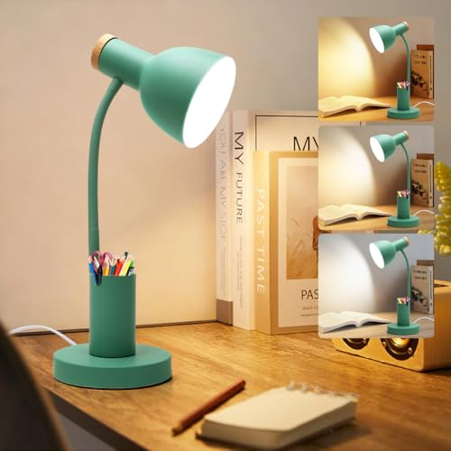 LOMUG Schreibtischlampe mit Stifthalter, LED Tischlampe mit Kabel und Abnehmbare Glühbirne, Nachttischlampe 360° Flexibel Arm Schwanenhal 3 Farbtemperaturen, für Zuhause Büro Studieren (Grün)
