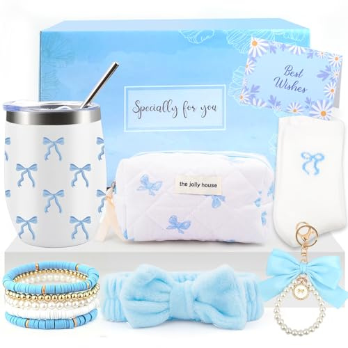 Gifts for Girls 7 8 9 10 11 12 13 14 Year Old,Birthday Gifts for Girls Teen | Presents Teenager Age 6-15, Insulated Tumbler with Lid and Straw, Cosmetic Bag Headband Socks Keychain, Blue Bow Coffee Cup