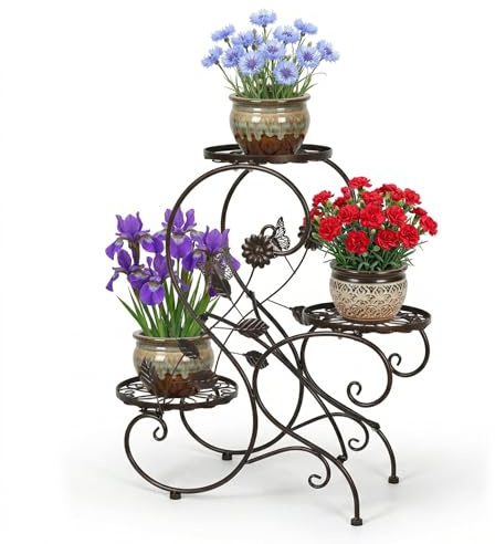 Hyner Support à plantes en métal de style rétro européen forme S, couleur cuivrée, Support de pots de fleurs et rangement pour plantes décoré de motifs papillon, adapté pour balcon et salon