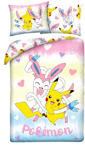Halantex Kinder Bettwäsche Set Pokémon 140x200 cm & Kissenbezug 70x90 cm – Wendebettwäsche mit Reißverschluss, Microfaser Polyester, Oeko-Tex Zertifiziert,