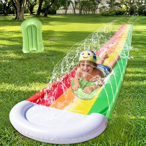 15.7ft/480cm Slip and Slide, Water Slide for Garden with 1 Bodyboard, Rainbow Slip N Slide Waterslide with Build in Sprinkler Backyard Outdoor Water Fun for Kids Adults