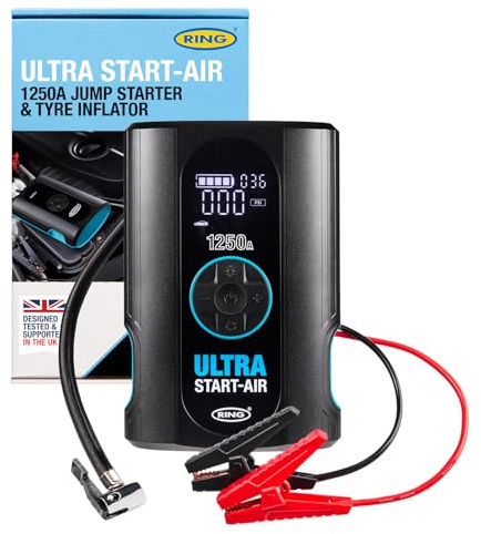 RING ULTRA START-AIR 4-in-1 Car Battery Jump Starter & Tyre Inflator | Starts Petrol Engines Up to 6L & Diesel Up to 2.8L, Cordless Tyre Inflator, Power Bank, LED Light, Compact Roadside Kit