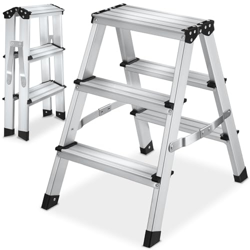 tectake® 3-Step Ladder in Durable & Lightweight Aluminium, Double-Sided Folding Ladder, 150 kg Capacity, Aluminium Step Ladder with Ribbed Steps & Non-Slip Feet, Foldable for Storage & Transport