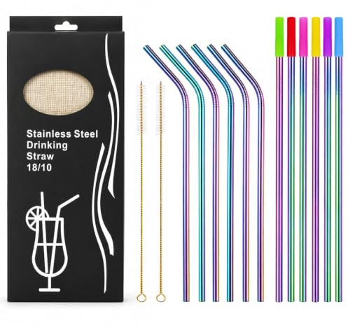 Wosyoodo 12 Pcs Metal Straws, Reusable Stainless Steel Straw Set | Metal Straws Drinking with 2 Brushes & Storage Bag, Dishwasher Safe, BPA Free for Cocktails Smoothies & Juices (Rainbow)