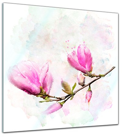 Bilderdepot24 Glasbild Aquarell - Magnolien - 50 x 50 cm - Deko Glas - brilliante Farben, inkl. Aufhängung