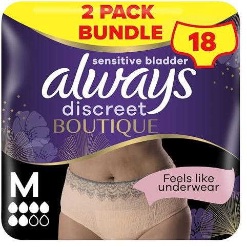 Always Discreet Boutique Incontinence Pants Women, Medium, Plus, 18 High Absorbency Pants (9 x 2 Packs), Odour Neutraliser, Softness and Protection, For Sensitive Bladder