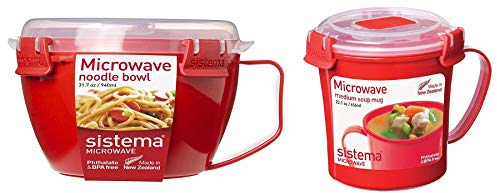 Sistema to Go Microwave Healthy Noodle Bowl 940ml and Sistema Microwave Soup Mug, 656 ml Bundle - Red/Clear