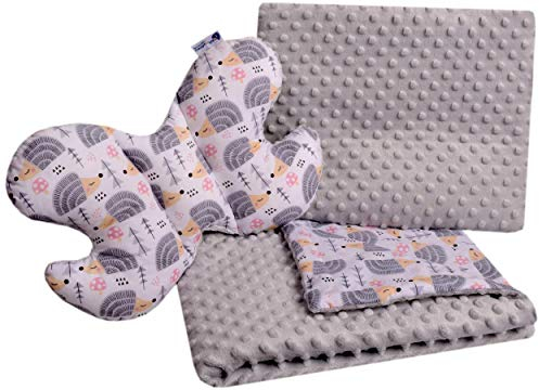Medi Partners Babydecke Krabbeldecke Set 3in1 100% Baumwolle Minky Kinderdecke 55x75 + 35x30cm flaches Kissen und Anti-Schock-Kissen Schmetterling (graue Igel mit grauen Minky)