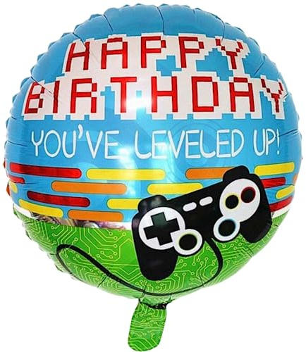 DIWULI, Gamer Happy Birthday Luftballon, Gaming Folien-Ballon, Geburtstagsballon, Gamepad Folienluftballon, Gamer-Ballon Geburtstag, LAN-Party, Junge Kindergeburtstag, Dekoration, you've leveled up!
