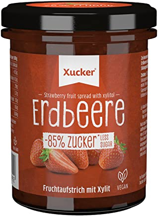 Xucker Fruchtaufstrich Erdbeere mit Xylit - Fruchtiger Brotaufstrich Erdbeere mit 74% Fruchtgehalt I vegan & zuckerarm 220g