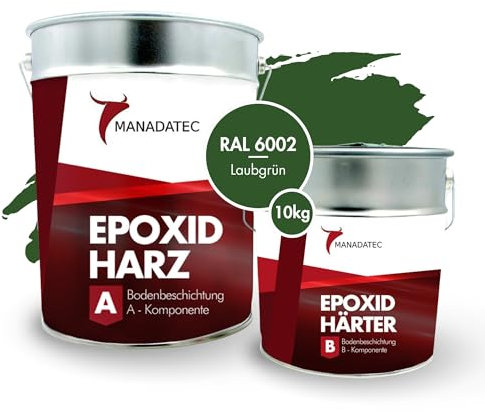 MANADATEC 2k Epoxidharz Bodenbeschichtung 10kg I RAL 6002 Laubgrün I Lösemittelfrei, Umweltfreundlich & Geruchsneutral I Beschichtung für Garagen- & Kellerböden I Hohe Schlagfestigkeit